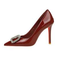 Banquet Pointed High Heels, Shallow Metal Rhinestone Thin Heel Patent Leather High Heels
