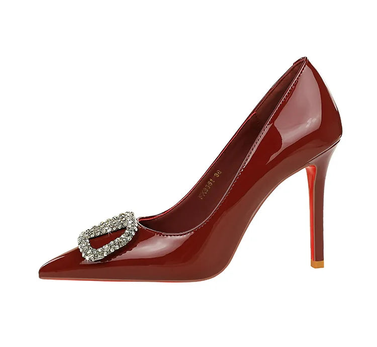 Banquet Pointed High Heels, Shallow Metal Rhinestone Thin Heel Patent Leather High Heels