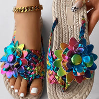Women Fashion Casual Shoes Flat Vacation Holiday Holographic Braided Floral Pattern Toe Post Beach Flip Flops