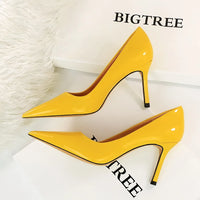 Women High Heels Scar pins Pumps Lady Glossy Leather Fetish Wedding Bridal Mid Low Heels Office Shoes