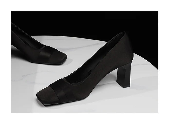 Elegant Satin High Heels Square Toe Slip-On Chunky Heel Comfortable Women's Shoes for Party Fashion Footwear Summer Autumn