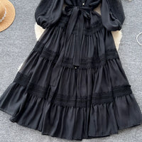 Elegant Hollow Out Organza Long Maxi Dresses Shirt Women  Layer Ruffle Full Sleeve Pearl Evening Party Dress