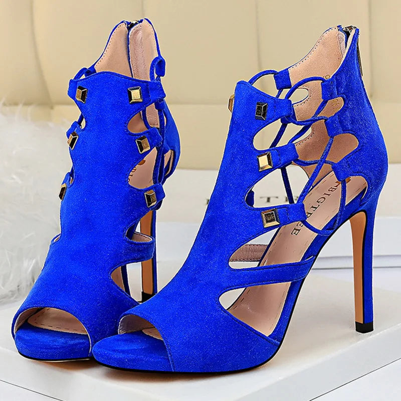Roman style women's super high heel platform suede sexy nightclub slim rivet hollow sandals