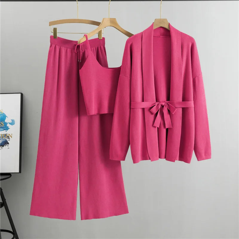 Loose Casual Fashion Set Women's Spring and Autumn Knitted Cardigan Jacket Camisole Wide Leg Pants Three Piece Set Natalia Home Fashion    Natalia Home Fashion
