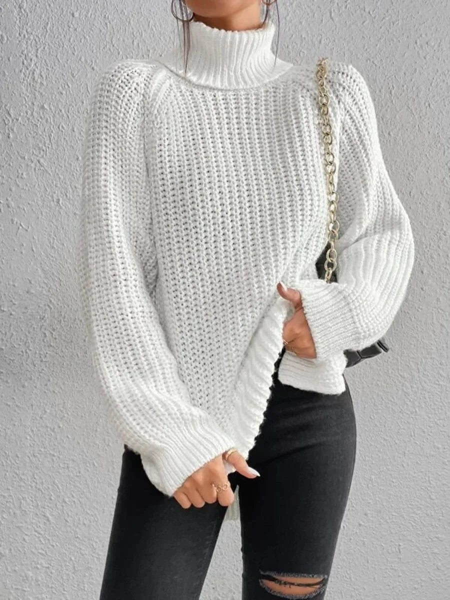 Turtlenecks Women Pullovers Mid-Long Casual Knit Sweater Fad Raglan Sleeves Side Slit Sweater New Skirt-style Jumper