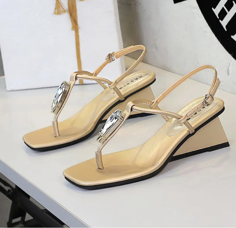 Wedge Heel with Herringbone Sandals Women's Rhinestone Thin Strap Toe Women's High Heels - Natalia Home Fashion