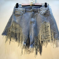 Denim Shorts Women Hole Ripped Jeans Tassels Diamonds Sexy Washed Distressed High Waist Streetwear Straight Short Pants