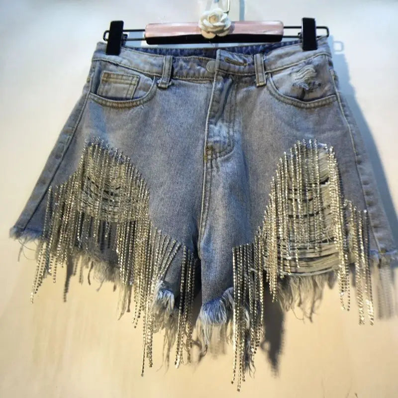 Denim Shorts Women Hole Ripped Jeans Tassels Diamonds Sexy Washed Distressed High Waist Streetwear Straight Short Pants