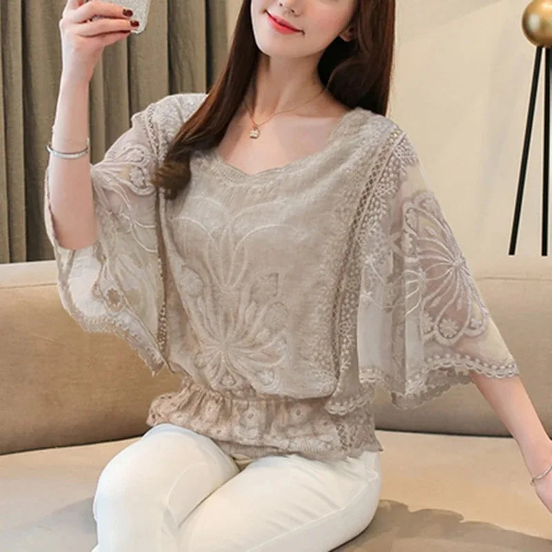 Loose Lace Blouse Women Butterfly Sleeve Chiffon Shirt Woman Fashion Casual Floral Shirt Tops