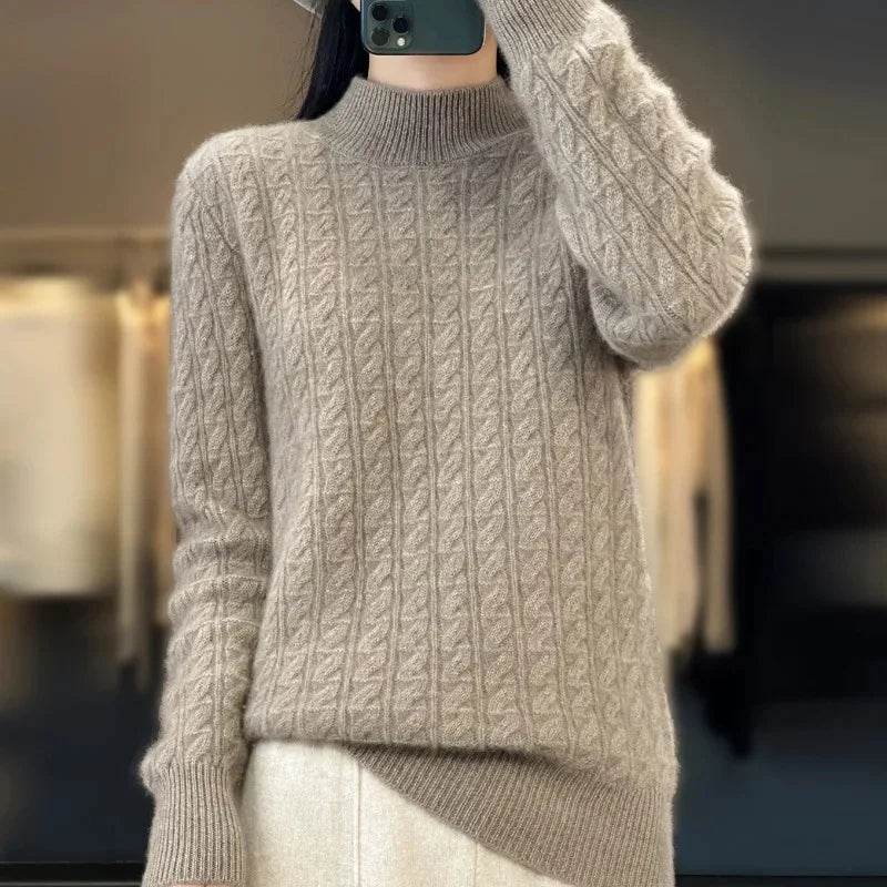 Thickened Pure Wool Knitted Sweater Women's Pullover Half High Collar Cashmere Base Layer Style
