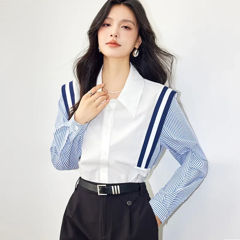 Style French Color Blocking Striped Shirt Long Sleeve Slimming Elegant Fashionable Shirt Women's Blouse