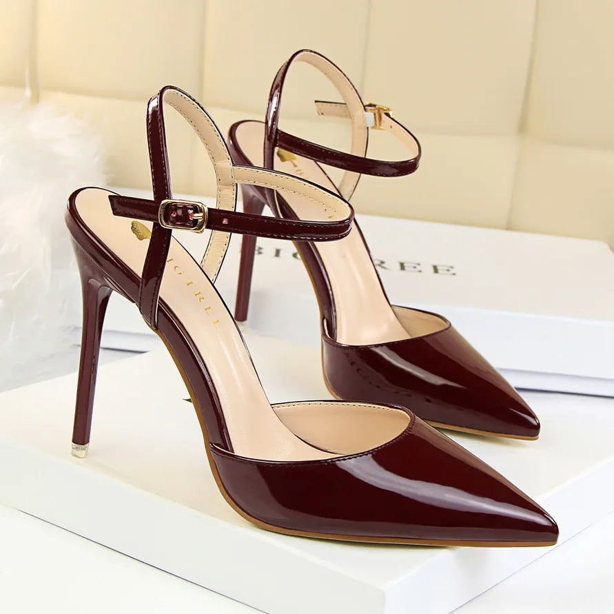 Women 10.5cm High Heels Sandals Lady Metallic Gray Patent Leather Stripper Ankle Strap Sandals Wedding Fetish Nightclub Shoes