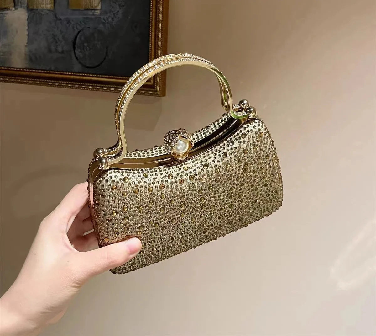 Glitter Shiny Diamonds Evening Bag Metal Handle Square Bag Fashion Women Handbag Wedding Party Clutch Purse Female