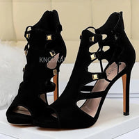 Roman style women's super high heel platform suede sexy nightclub slim rivet hollow sandals