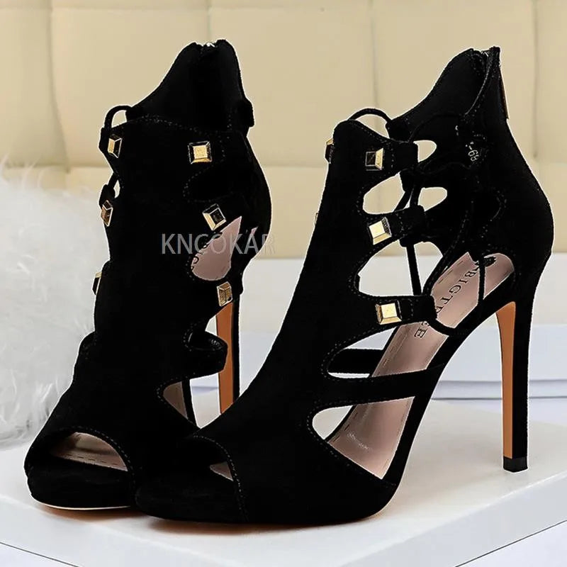 Roman style women's super high heel platform suede sexy nightclub slim rivet hollow sandals