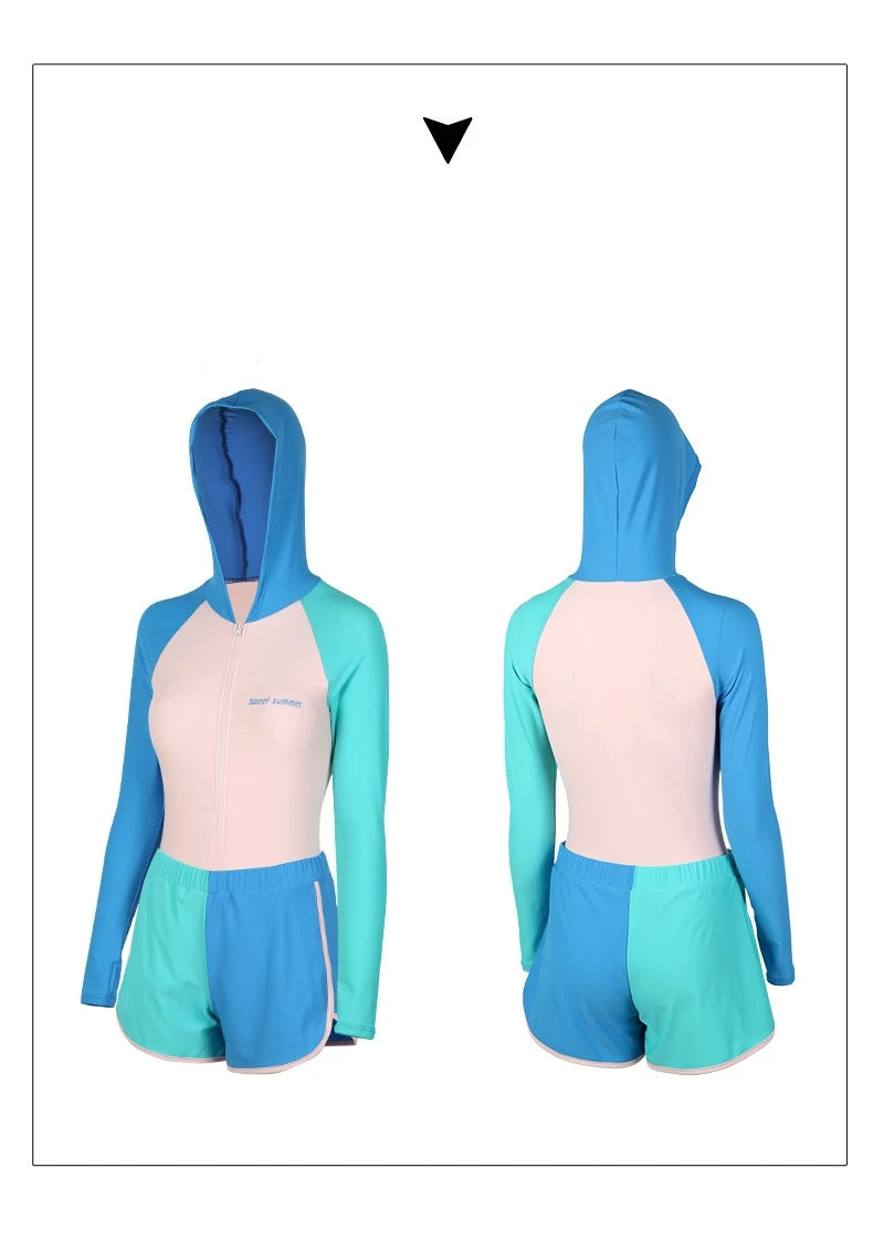 Women Long Sleeve Water Sports Outdoor Bathing Push Up Swim Wear Hooded Female Front Zipper Beach Athletic Surfing Swim Suit