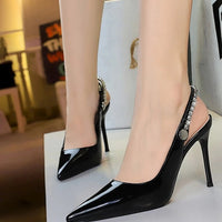 Fashion Women Pointed Toe Patent Leather High Heels Shallow Vamp Rhinestone Decorated Backless Strap Dress Shoes