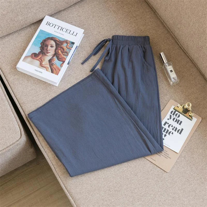 Casual Baggy Wide Leg Trousers Women Summer Thin Comfy Breathable Ankle Length Pants Vintage Loose Cotton Linen Straight Pants