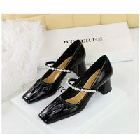 Heels Women Fashion CRYSTAL Pearl Pumps Square Toe Stripper Elegant Party Square Heel Ladies Shoes