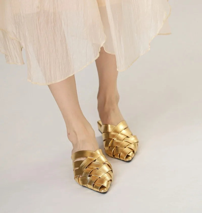 Hollow Woven Pointed Cool Slippers Women's Summer Thick Heel Outer Wear Bag Head Half Slippers Women Sandals