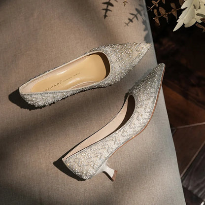 Autumn New Starry Sky, Water Diamond, Pearl High Heels, Luxury Bridesmaid Wedding Dress, Bridal Shoes