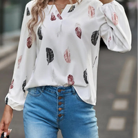 Fashion Woman Blouse Shirts For Women Stylish Top long Sleeve Feather Pattern Female Tops Elegant Chiffon Mujer Woman Clothes Natalia Home Fashion    Natalia Home Fashion