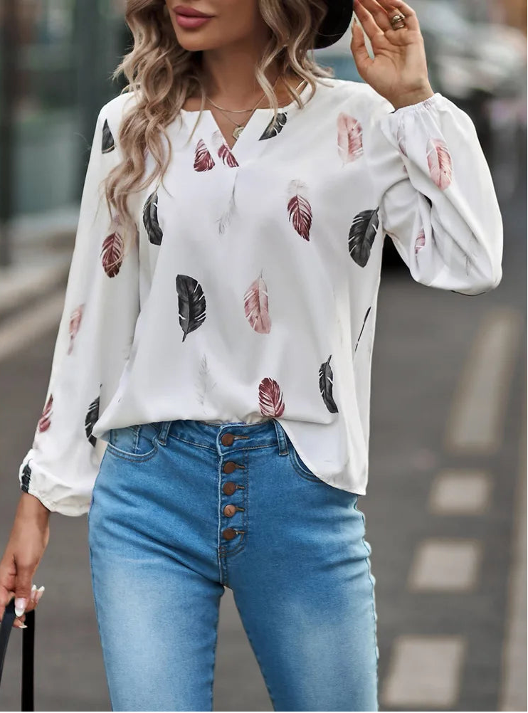 Fashion Woman Blouse Shirts For Women Stylish Top long Sleeve Feather Pattern Female Tops Elegant Chiffon Mujer Woman Clothes Natalia Home Fashion    Natalia Home Fashion
