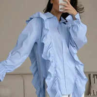 Ruffles Solid Women Shirt Pink Blue Lapel Female Top Elegant Fashion Single Breasted Flare Long Sleeve Lady Blouses Natalia Home Fashion    Natalia Home Fashion