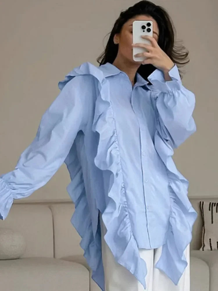 Ruffles Solid Women Shirt Pink Blue Lapel Female Top Elegant Fashion Single Breasted Flare Long Sleeve Lady Blouses