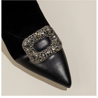 Fashionable Slim Fit Diamond Decorated Pointed Toe High Heel Bootie Mid-Calf Zipper Closure Leather Boot for Women