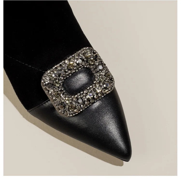Fashionable Slim Fit Diamond Decorated Pointed Toe High Heel Bootie Mid-Calf Zipper Closure Leather Boot for Women