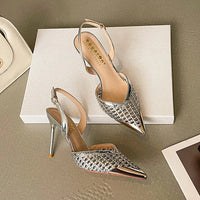 Elegant Hollow Out Woven Stiletto Sandals Women Pointed Toe Metal Straps High Heels