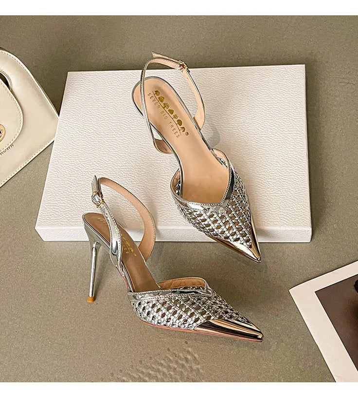 Elegant Hollow Out Woven Stiletto Sandals Women Pointed Toe Metal Straps High Heels