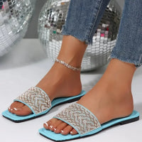 Women's Sandals Flat Bottom Slip-On Shoes Crystal Shiny Sequin Style Square Head Open-Toe Flat Heels