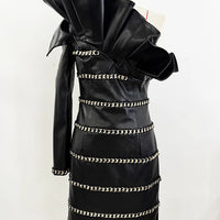 Elegant Socialite Fashion New Heavy Chain Three-Dimensional Ruffle Off-Shoulder Leather Dress Sexy Mini Dress
