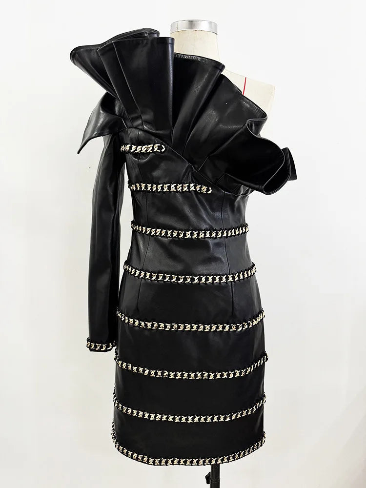 Elegant Socialite Fashion New Heavy Chain Three-Dimensional Ruffle Off-Shoulder Leather Dress Sexy Mini Dress