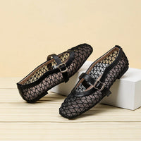 Fishnet Ballet Flats Square Toe Breathable Hollow Mesh Sandals Casual and Comfortable Mary Jane Shoes