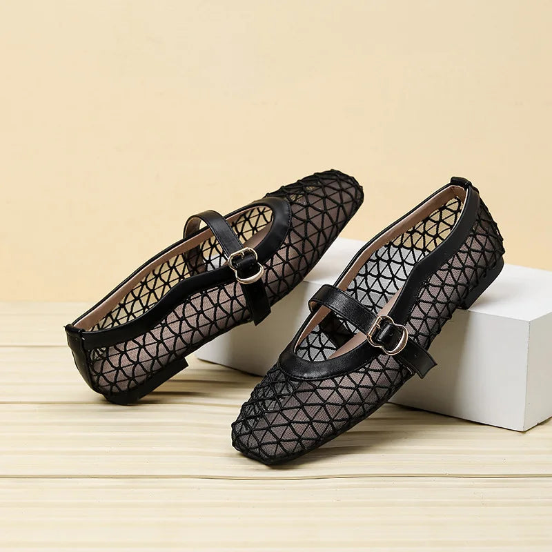 Fishnet Ballet Flats Square Toe Breathable Hollow Mesh Sandals Casual and Comfortable Mary Jane Shoes