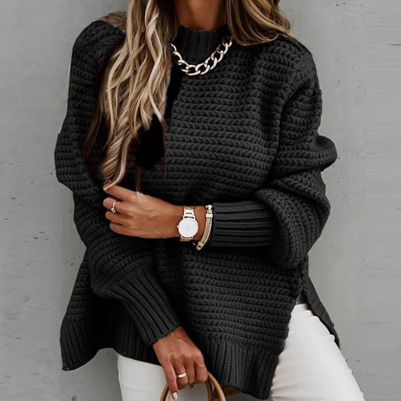 Solid Color Simple Semi-high Collar Long-sleeved Split Pullover Sweater Autumn Winter Women's New Loose Casual Knitted Sweater Natalia Home Fashion    Natalia Home Fashion