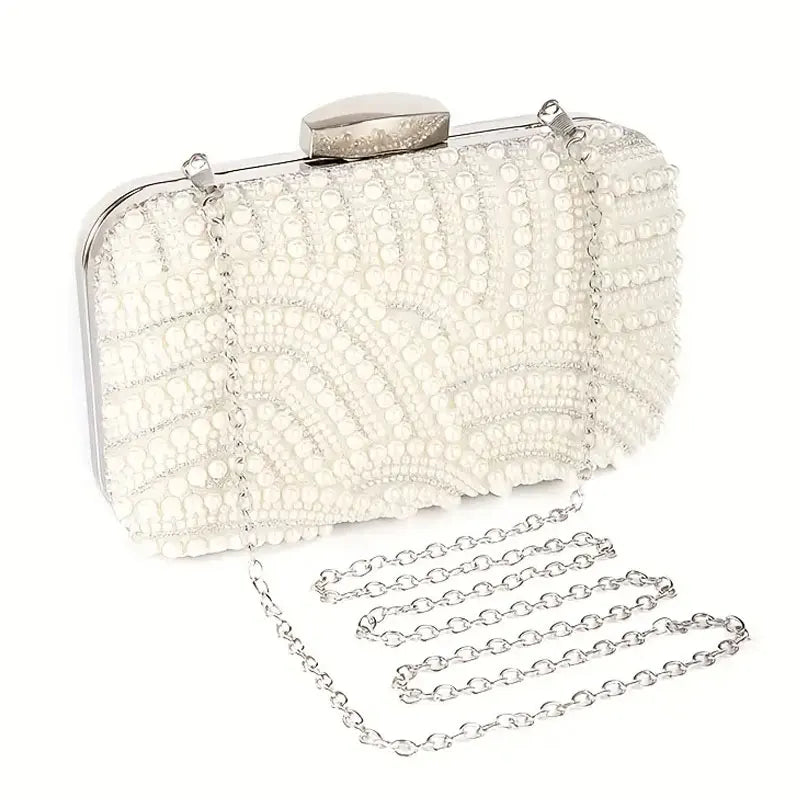 Ladies Pearl Elegant Evening Bag Fashionable Stylish Beading Wedding Dinner Party Banquet  Dress Clutch Bag with Long Chain