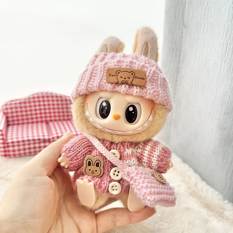 Doll clothes for Labubu Outfit 17cm Dolls Sitting Accessories Glasses Clothing Designer Kids Gift Sweater Hat Bag Set