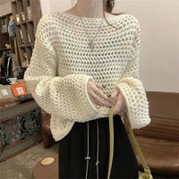 Hollow out Knitwear Women's Design Lazy Style Outerwear French Vintage Casual Loose Fit Sleeve Top - Natalia Home Fashion