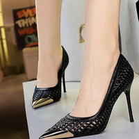 Fashion Metal Decoration Pointed Toe Pumps Woman Thin Heels Sexy Hollow Out Ladies Shoes