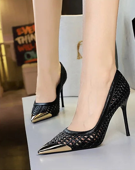 Fashion Metal Decoration Pointed Toe Pumps Woman Thin Heels Sexy Hollow Out Ladies Shoes