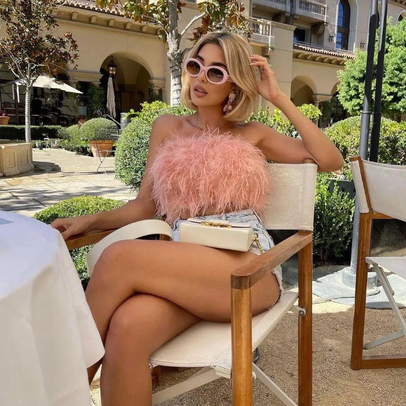 Solid Puffy Fuax Fur Strapless Crop Tops Women Fashion Sexy Furry Chest Wrapped Backless Tube Party Clubwear Vests Streetwear