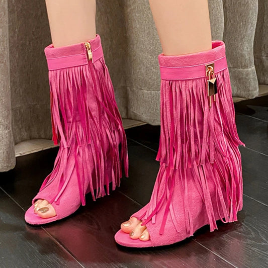 Designer Fringe Wedges Boot Sandals Woman High Heels Open Toe Party Prom Shoes Sexy Zipper Female Pumps Women Boots