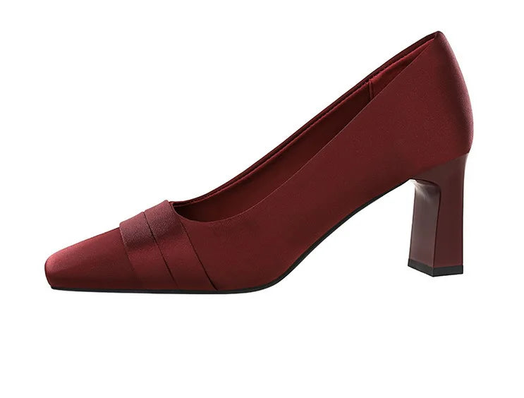 Elegant Satin High Heels Square Toe Slip-On Chunky Heel Comfortable Women's Shoes for Party Fashion Footwear Summer Autumn