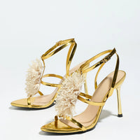 Ladies High Heel Sandals with 3D Fluffy Flower Decorations round Toe Thin Heel Spring Summer Night Club Fashionable Party Shoes