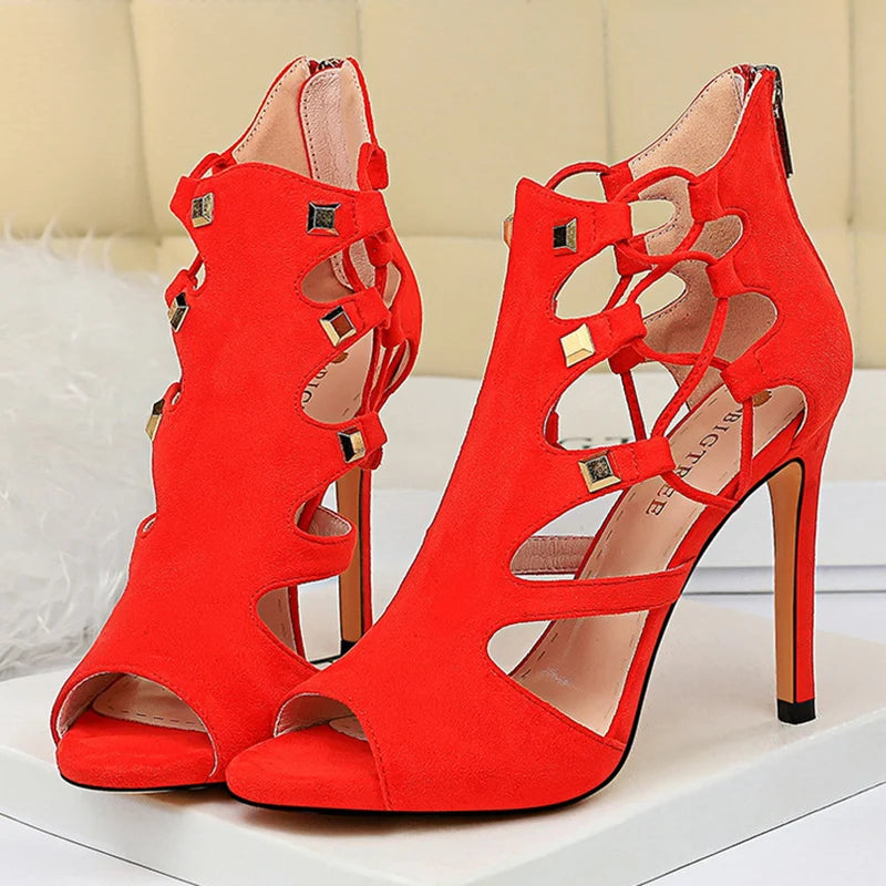 Roman style women's super high heel platform suede sexy nightclub slim rivet hollow sandals