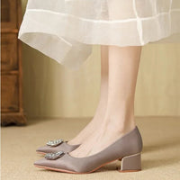 Soft Leather Black Pointed Toe Work Shoes Spring Autumn New Style Comfortable Thick Heel Professional Soft Bottom Shoes